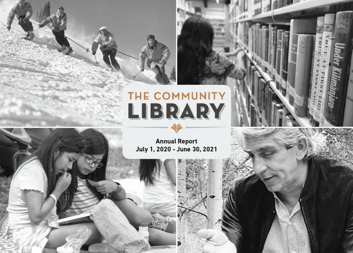Cover of 2020-2021 annual report, with skiers, librarian in stacks, girls at bookmobile, and Richard Blanco