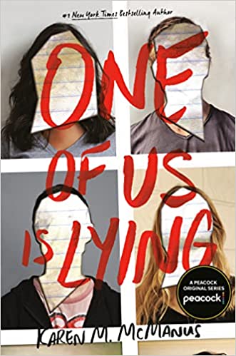 Mug Shots of 4 people with notebook paper over their faces. The words "One of Us is Lying" is over the cover in bright red ink. 