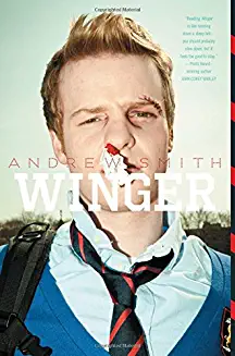 Winger Book Cover, Teen in school uniform with bloody nose