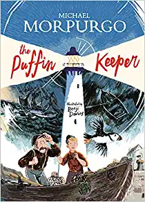 Book Cover, The Puffin Keeper, Lighthouse and people in boat with puffin overhead