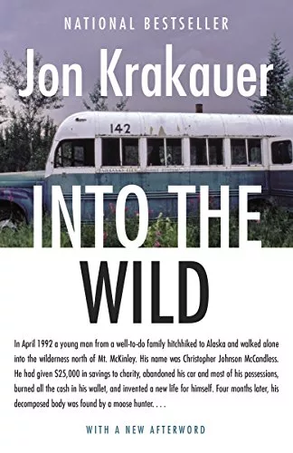 Decrepit Bus in the wilderness with title "Into the Wild" in large font. 