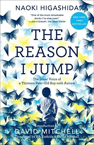 Boy facing away with a flurry of lots of blue and  yellow butterflies with the title "The Reason I Jump" printed above the boy