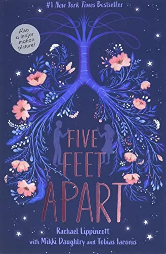 Blue cover with intricate plant roots and flowers in the shape of lungs with the shadows of a boy and girl and the title of the book on the front
