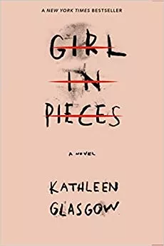 The words "Girl in Pieces" crossed out in red ink on a pink backdrop. 