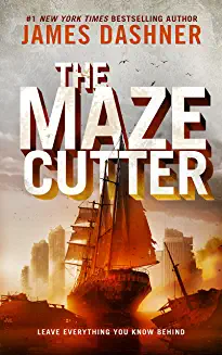 Redish orange ship in front of a city scape with title "The Maze Cutter" in big, bold letters. 