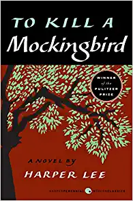 Tree with Green Leaves on Brown Backdrop with "To Kill a Mockingbird" (title of book) in a black box at the top