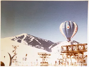 Baldy and a hot air balloon seen from Dollar Mountain in Sun Valley.