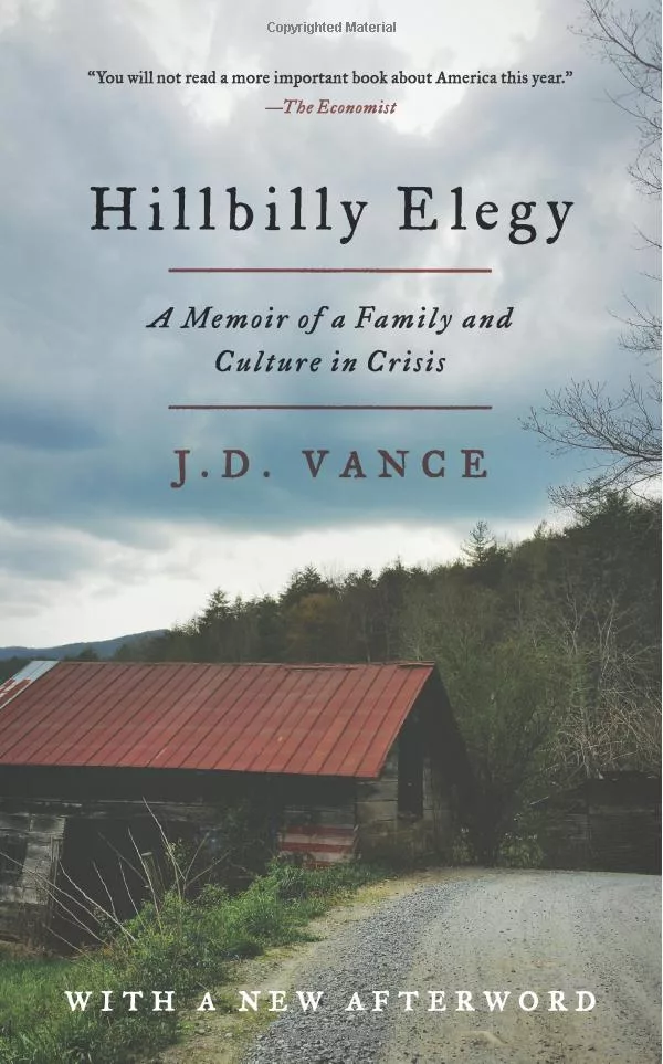 Country scene with dilapidated building on cover with Title: Hillbilly Elegy in black