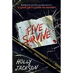 "Five Survive" written in red letters on a crumpled piece of notebooks paper on a black smashed glass background