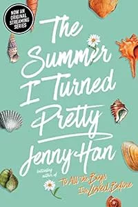 Book with "The Summer I Turned Pretty" and "Jenny Han" written in cursive script with seashells surrounding it. 