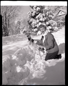 Lucille Ball posing with Annie the Antelope