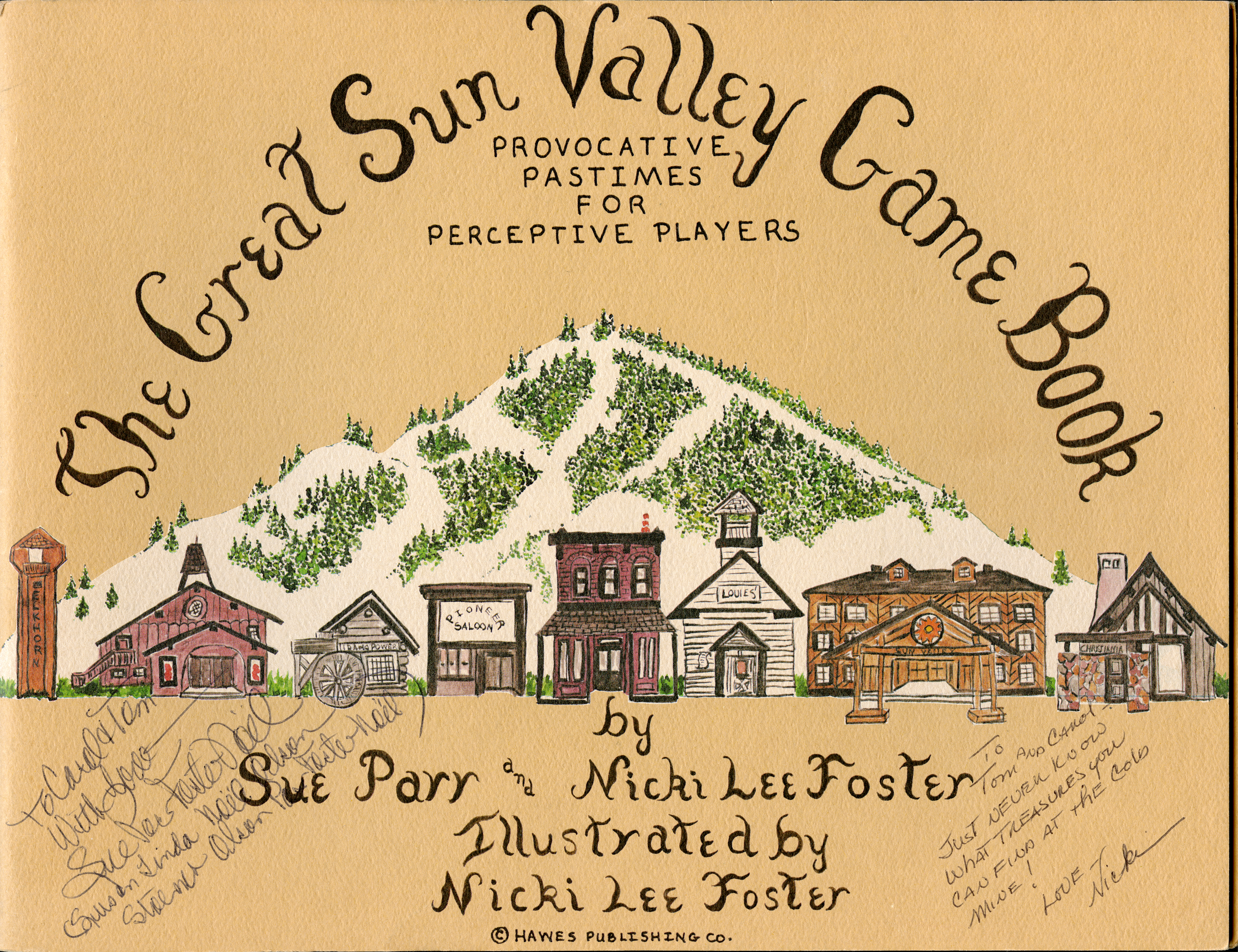 Cover of the Sun Valley Game Book, depicting various buildings and Bald Mountain