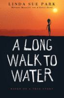 Silhouette of girl with a jug on her head walking in the hot desert.
