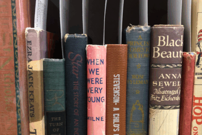 Photo of some of our first Children's books on the shelf.