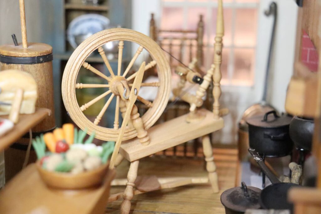 Spinning Wheel in the 1776 Dollhouse