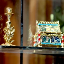 Candlestick and Casket on display in the Shop window. Candlestick and Box